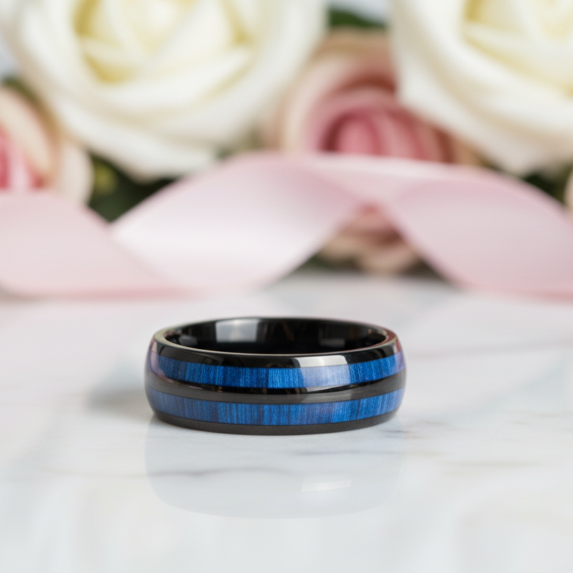 Blue Maple Inlay Men's Tungsten Wedding Band-Black Diamonds New York