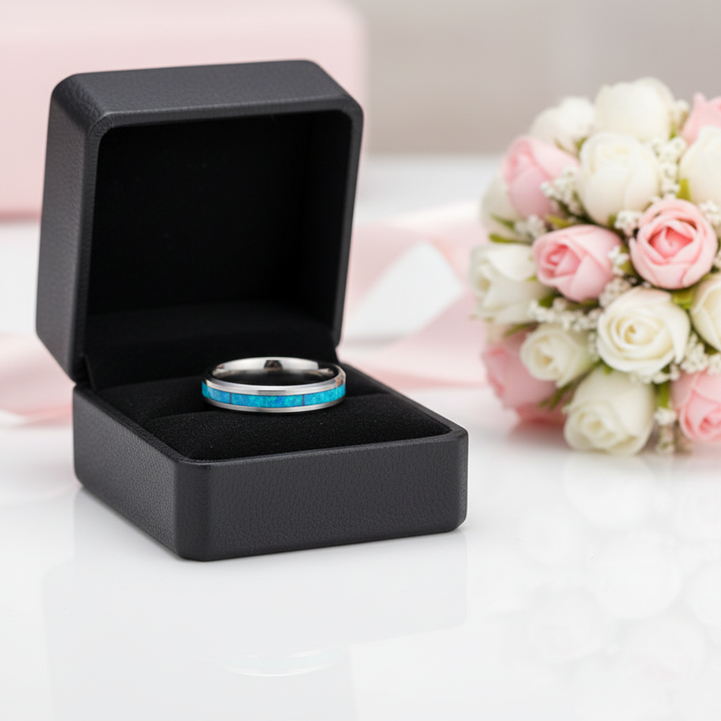 Blue Opal Men's Tungsten Wedding Band-Black Diamonds New York