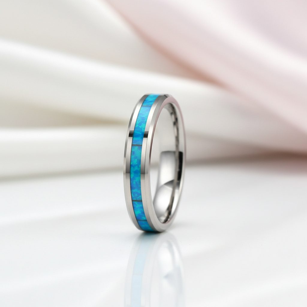 Blue Opal Men's Tungsten Wedding Band-Black Diamonds New York