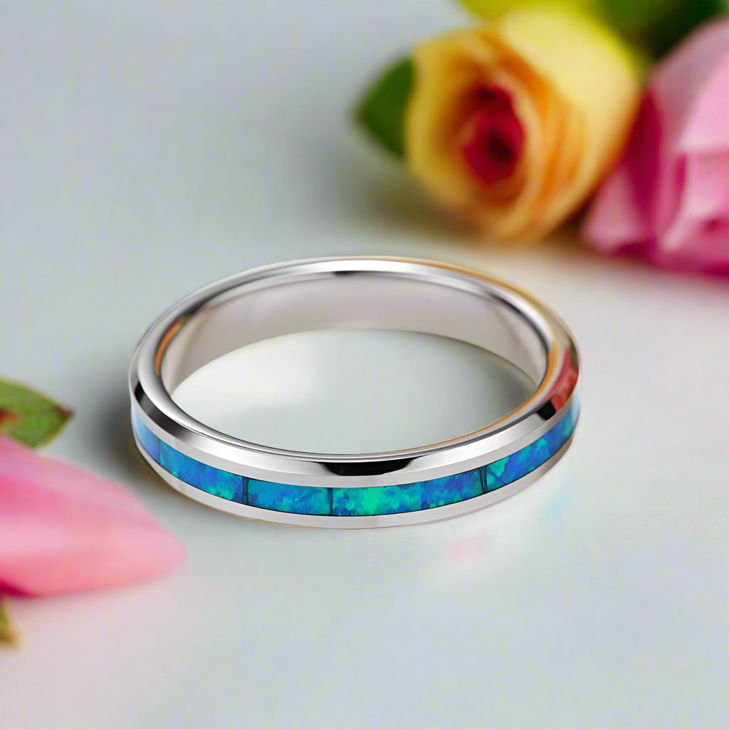 Blue Opal Men's Tungsten Wedding Band-Black Diamonds New York