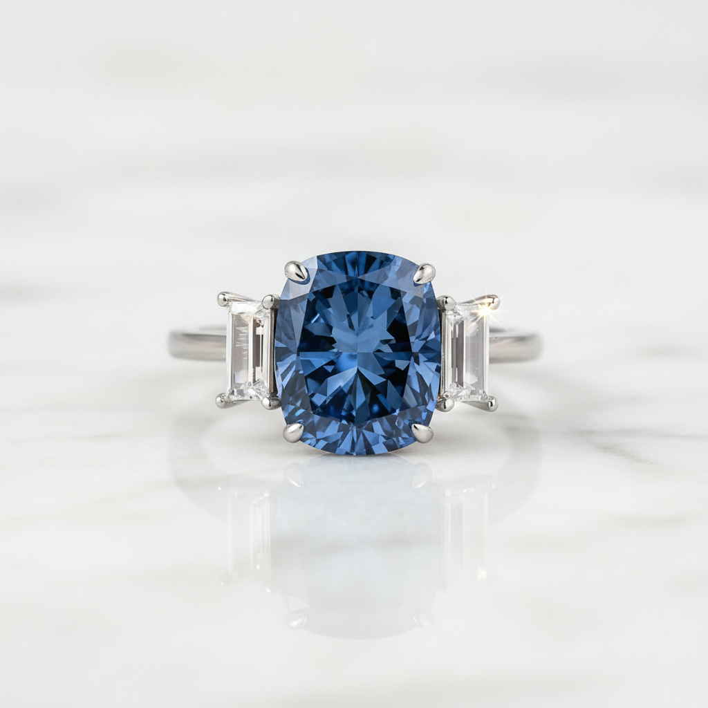 Blue Sapphire Cushion Cut Three Stone Engagement Ring-Black Diamonds New York