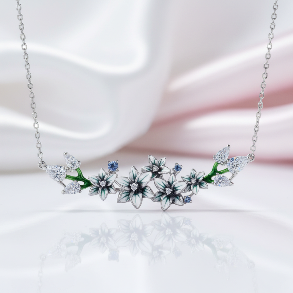 Blue Spinel Enamel Flowers with Diamond Option Necklace-Black Diamonds New York