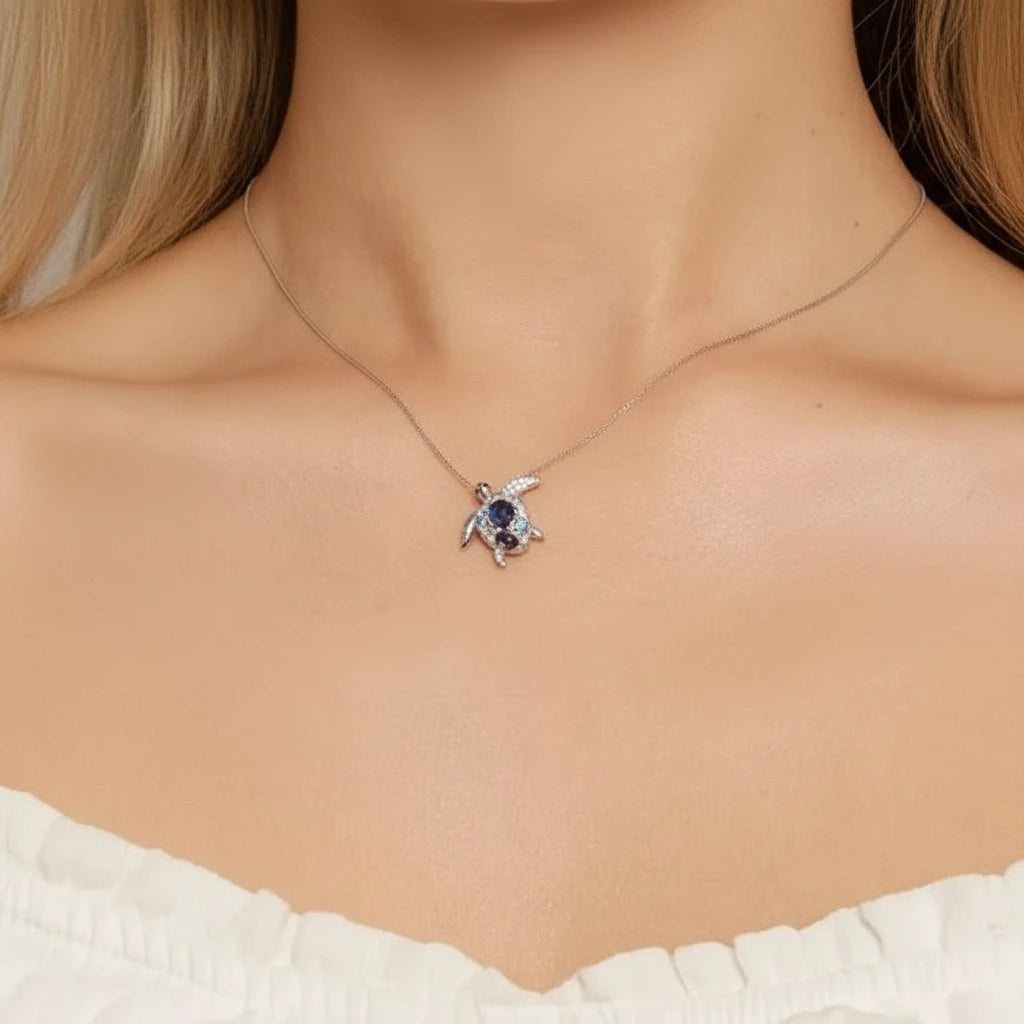 Blue Spinel Sea Turtle Pendant Necklace with Diamond-Black Diamonds New York