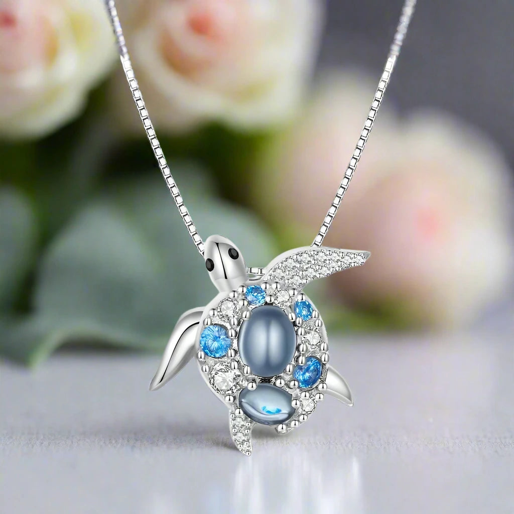 Blue Spinel Sea Turtle Pendant Necklace with Diamond-Black Diamonds New York