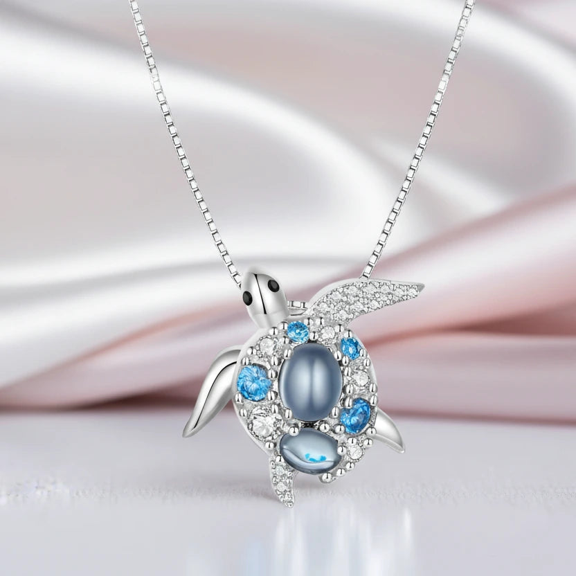 Blue Spinel Sea Turtle Pendant Necklace with Diamond-Black Diamonds New York