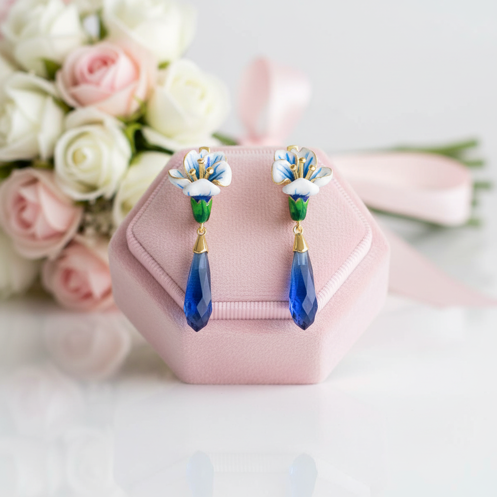 Blue Stones Enamel Flower Drop Earrings-Black Diamonds New York