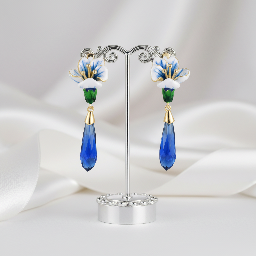 Blue Stones Enamel Flower Drop Earrings-Black Diamonds New York