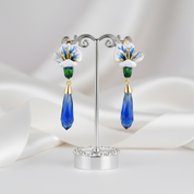 Blue Stones Enamel Flower Drop Earrings-Black Diamonds New York