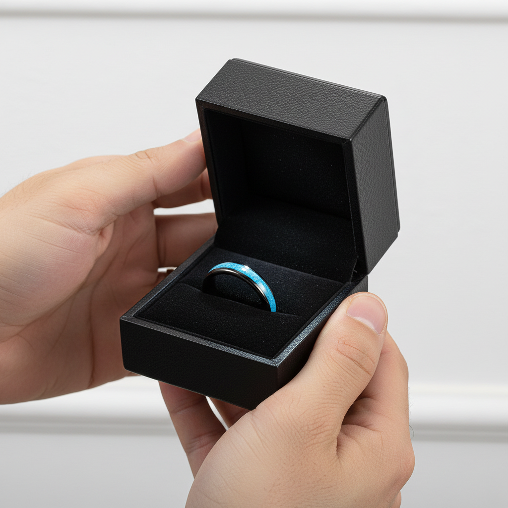Blue Turquoise Tungsten Men's Wedding Band-Black Diamonds New York