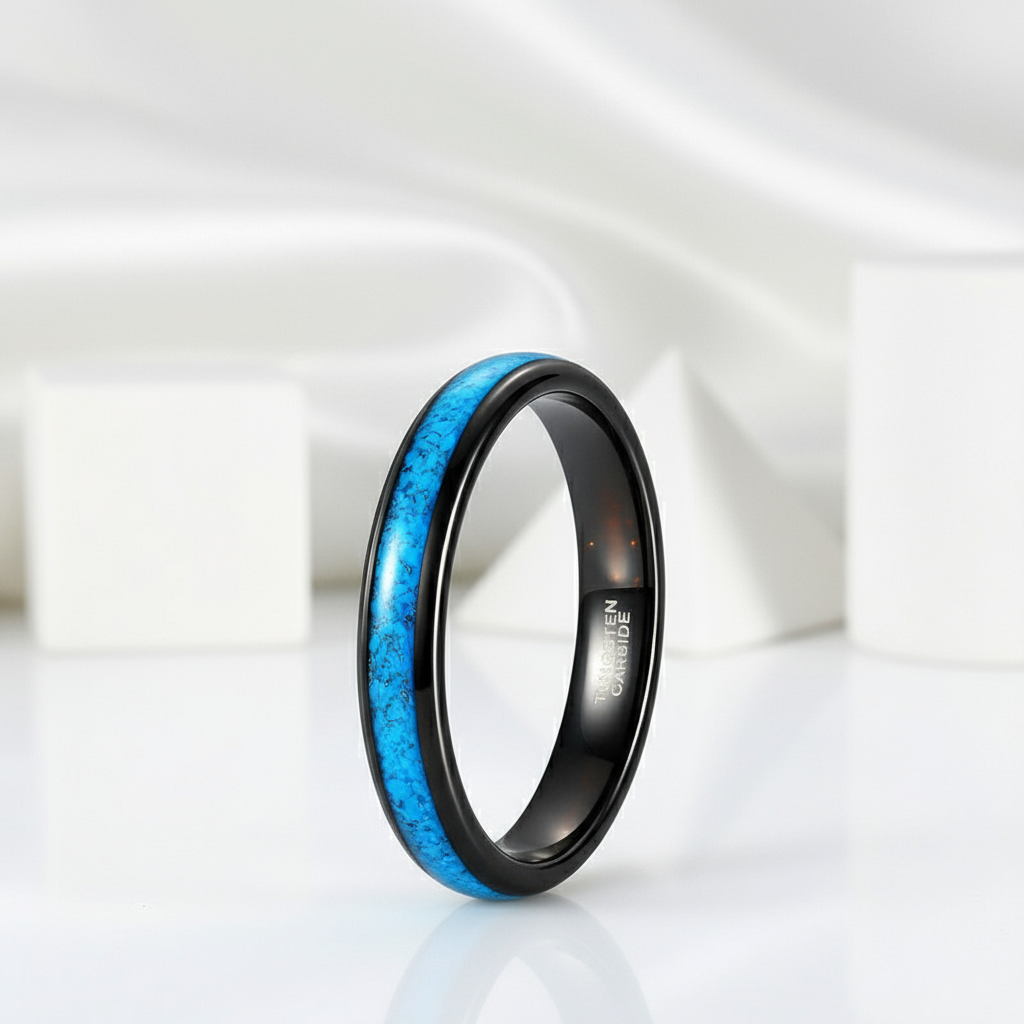 Blue Turquoise Tungsten Men's Wedding Band-Black Diamonds New York