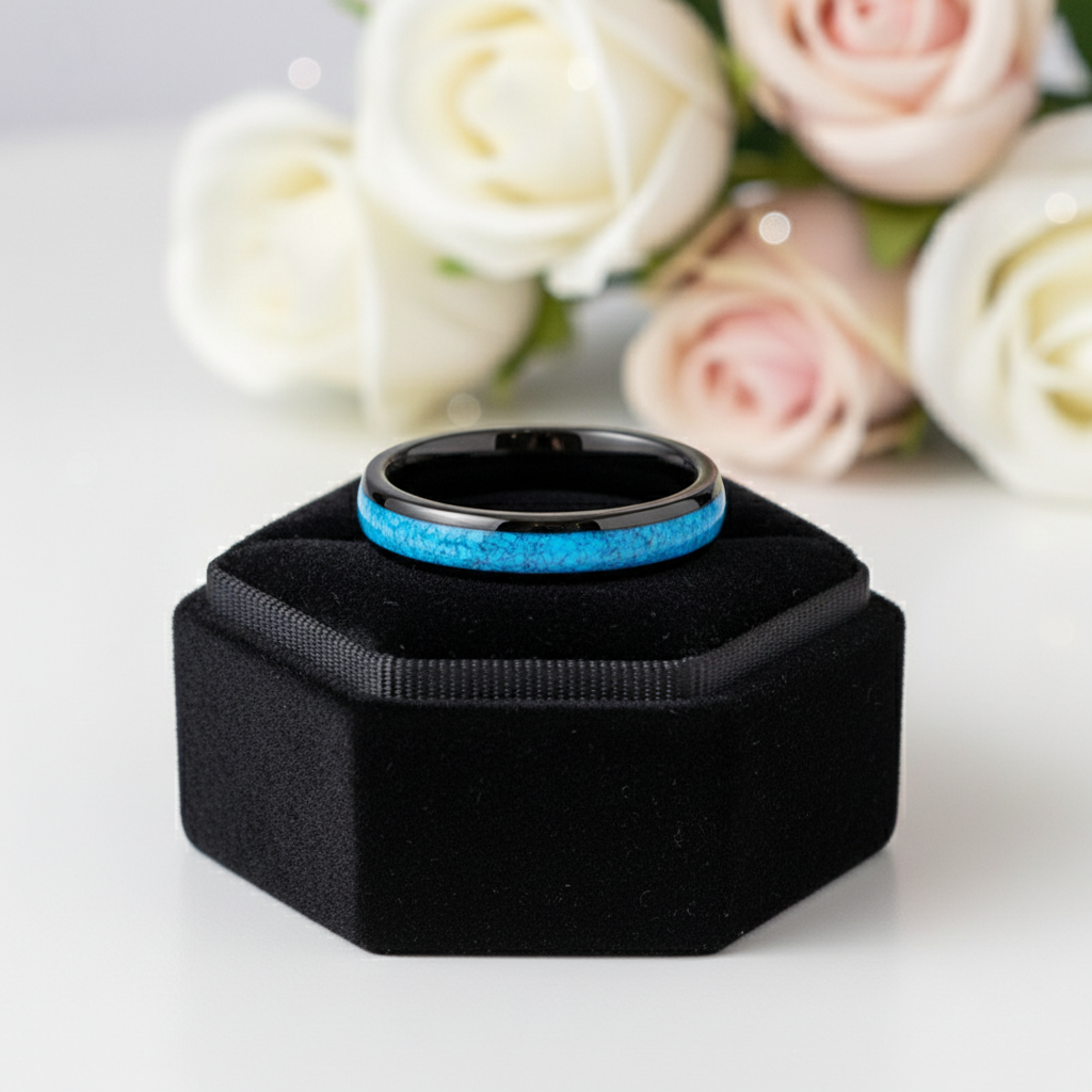 Blue Turquoise Tungsten Men's Wedding Band-Black Diamonds New York