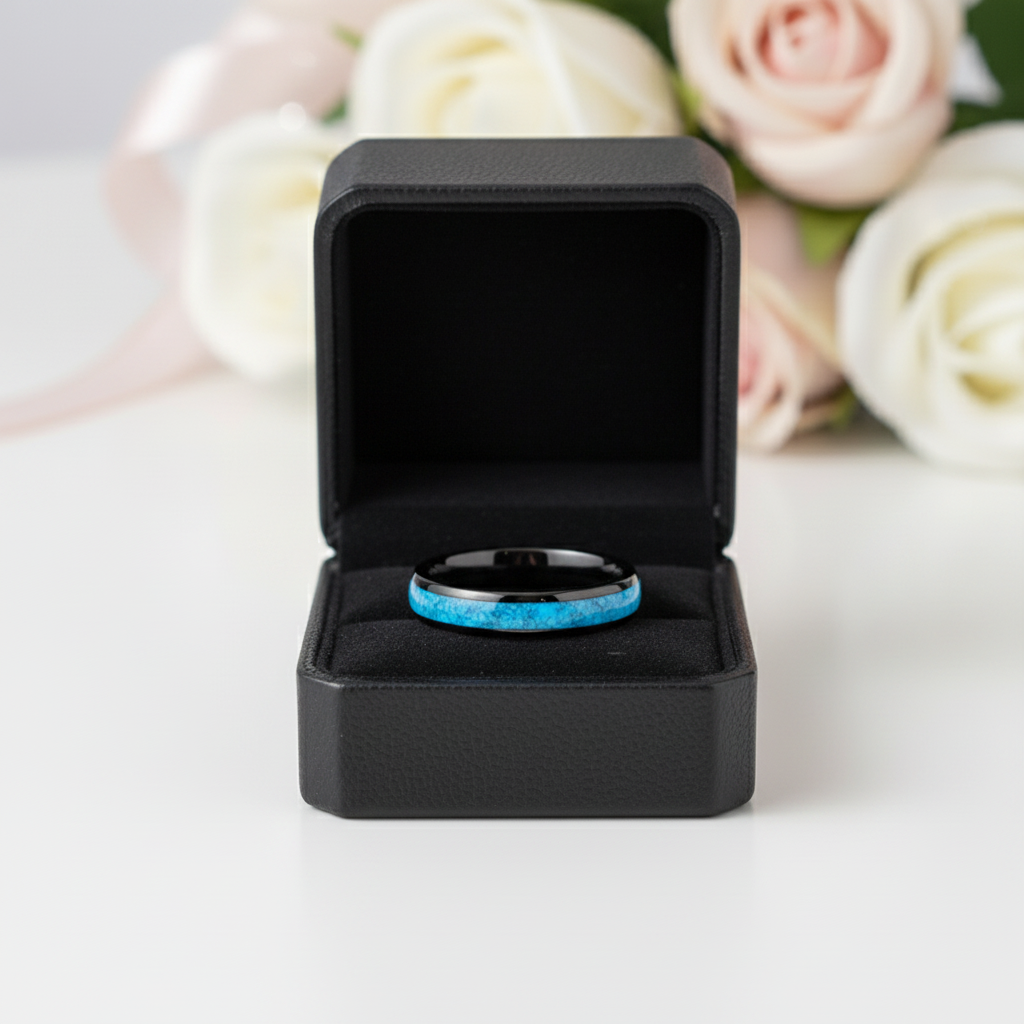 Blue Turquoise Tungsten Men's Wedding Band-Black Diamonds New York