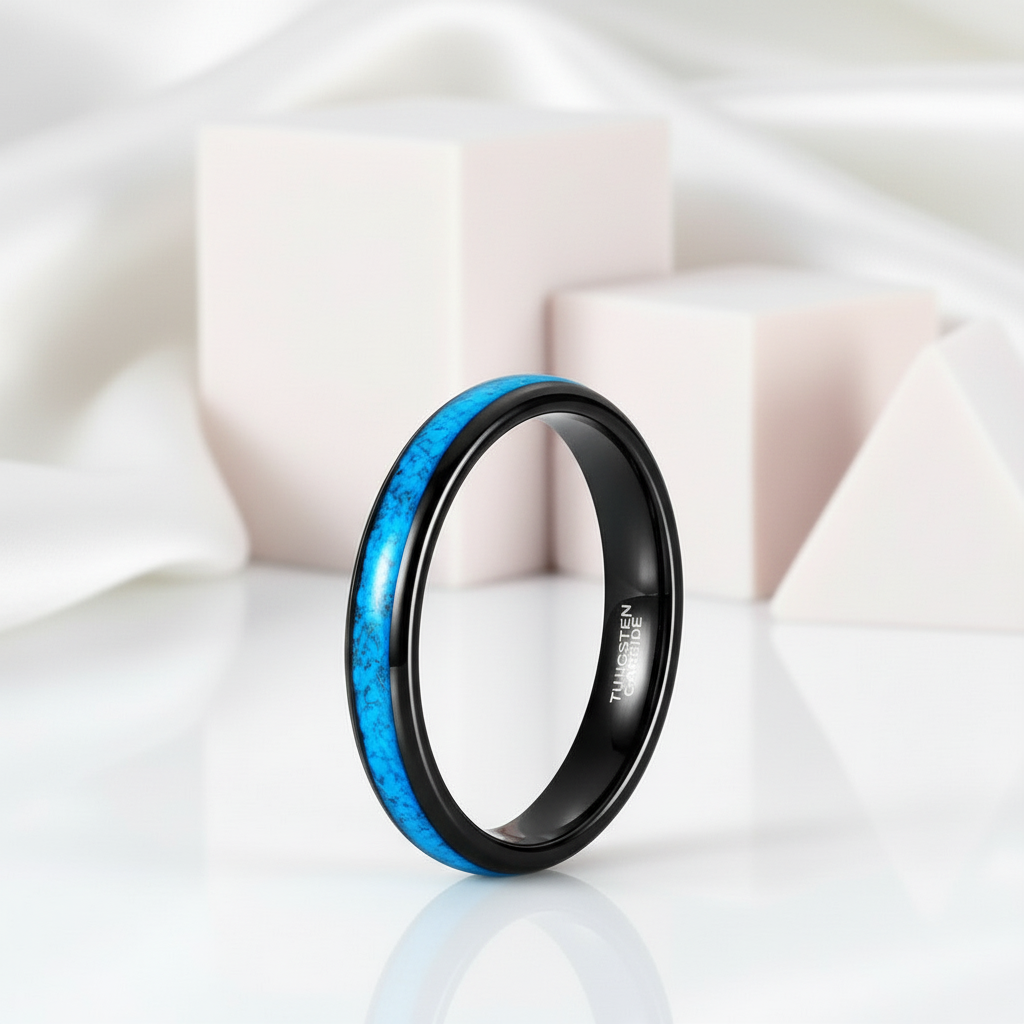 Blue Turquoise Tungsten Men's Wedding Band-Black Diamonds New York