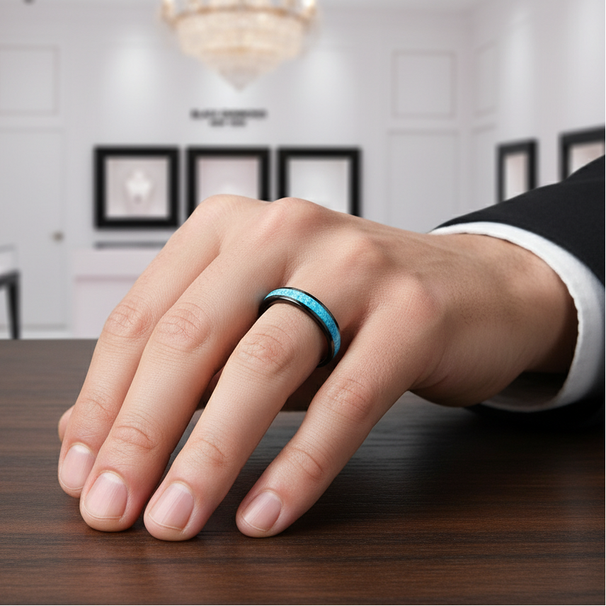 Blue Turquoise Tungsten Men's Wedding Band-Black Diamonds New York