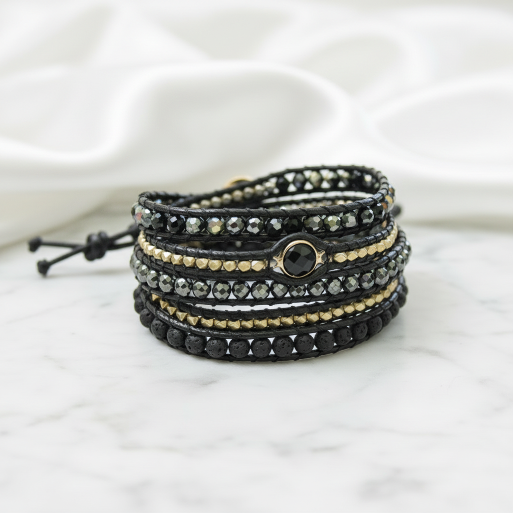 Bohemian Black Mix Natural Stone Beadwork 5 Wraps Bracelet-Black Diamonds New York