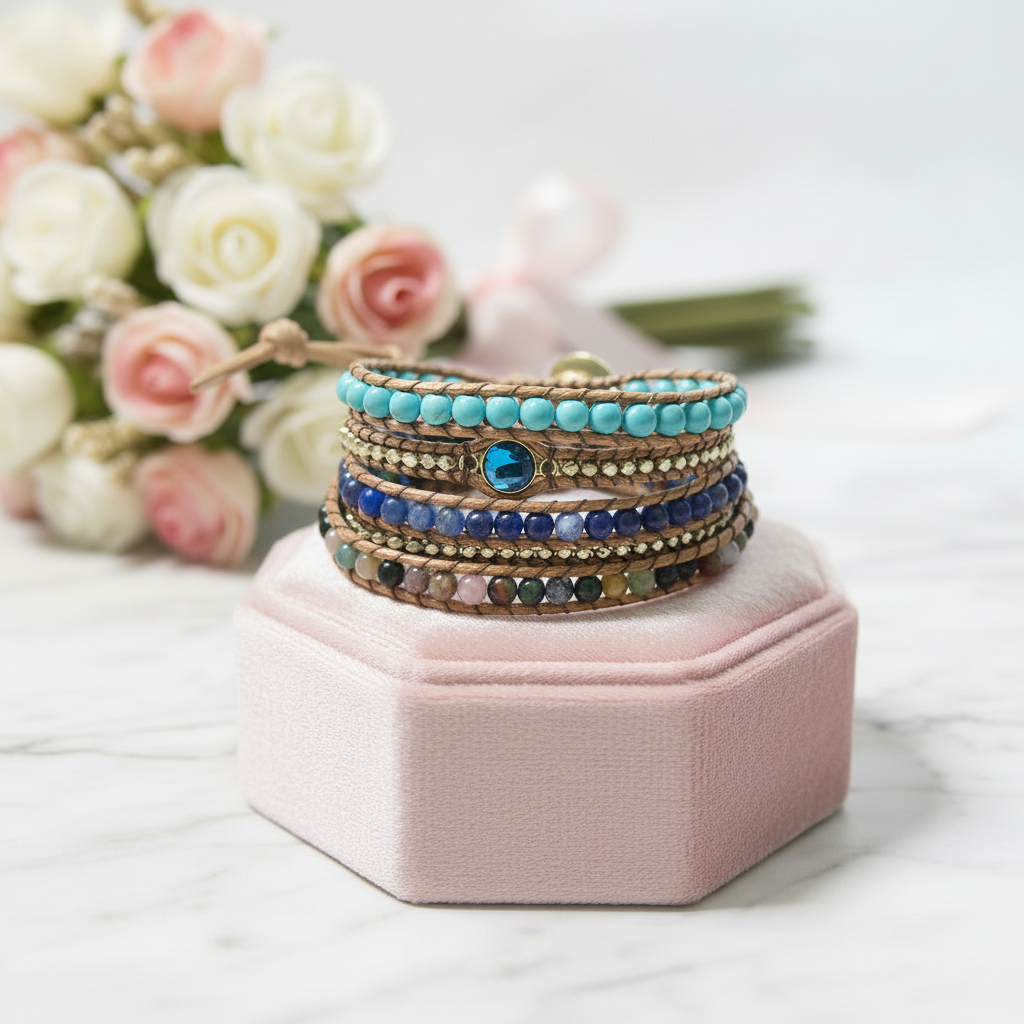 Bohemian Black Mix Natural Stone Beadwork 5 Wraps Bracelet-Black Diamonds New York