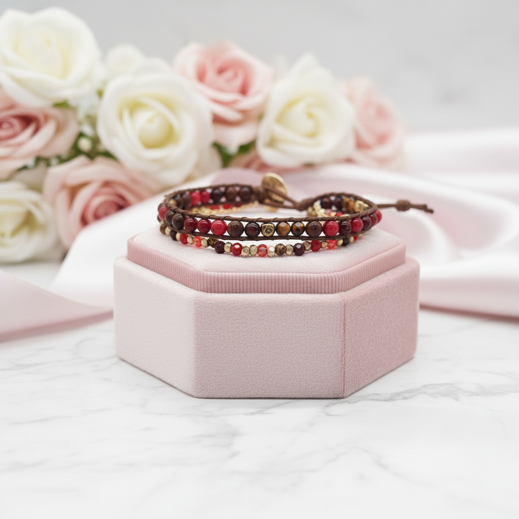 Bohemian Handmade Natural Stone and Brass Bead Wrap Bracelet Set-Black Diamonds New York