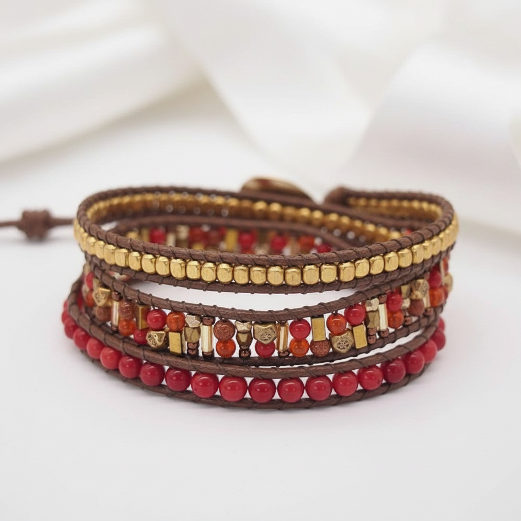 Bohemian Handmade Natural Stone and Brass Bead Wrap Bracelet Set-Black Diamonds New York