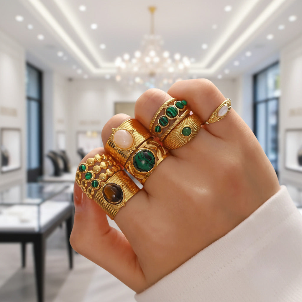 Bohemian Option Natural Stones Malachite Rings-Black Diamonds New York