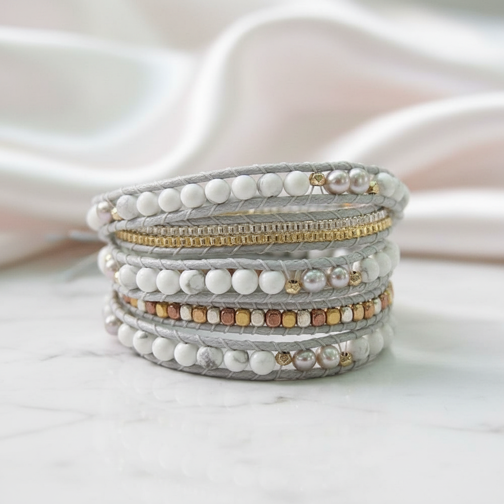 Boho chic White Mixed Howlite Wrap Beadwork Bracelet-Black Diamonds New York