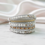 Boho chic White Mixed Howlite Wrap Beadwork Bracelet-Black Diamonds New York