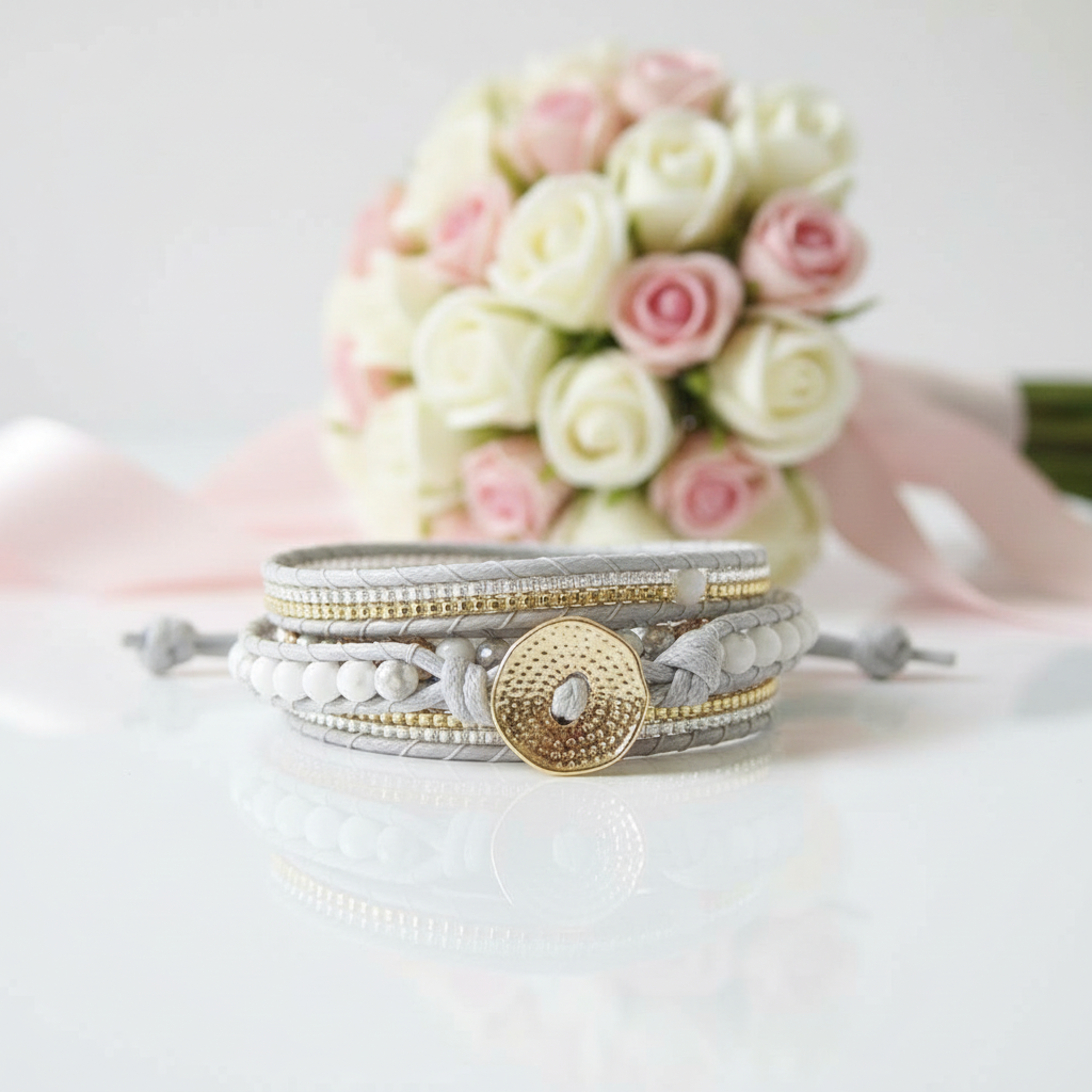 Boho chic White Mixed Howlite Wrap Beadwork Bracelet-Black Diamonds New York