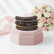 Boho Handmade Leather 5 Wraps Hematite Bracelet-Black Diamonds New York