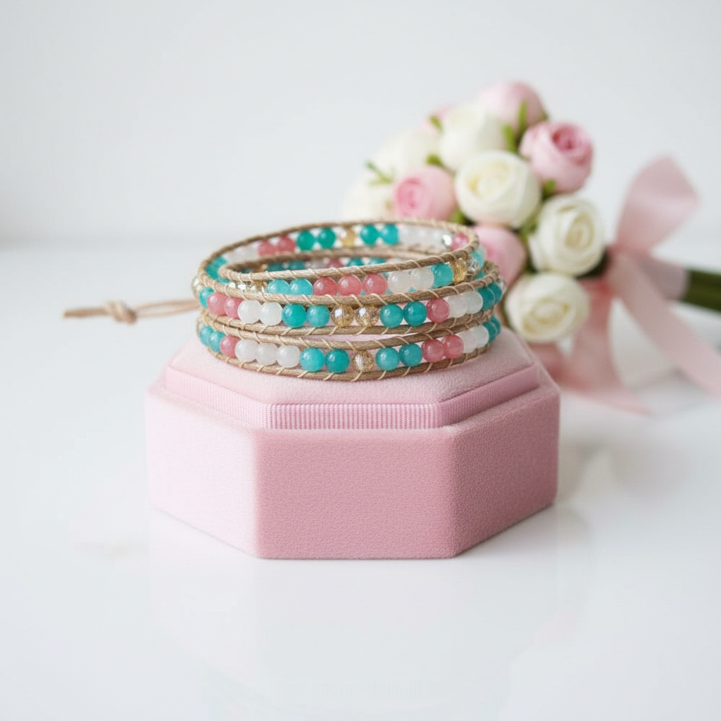 Boho Style Handmade Blue and Pink Mixed Stone Bracelet-Black Diamonds New York