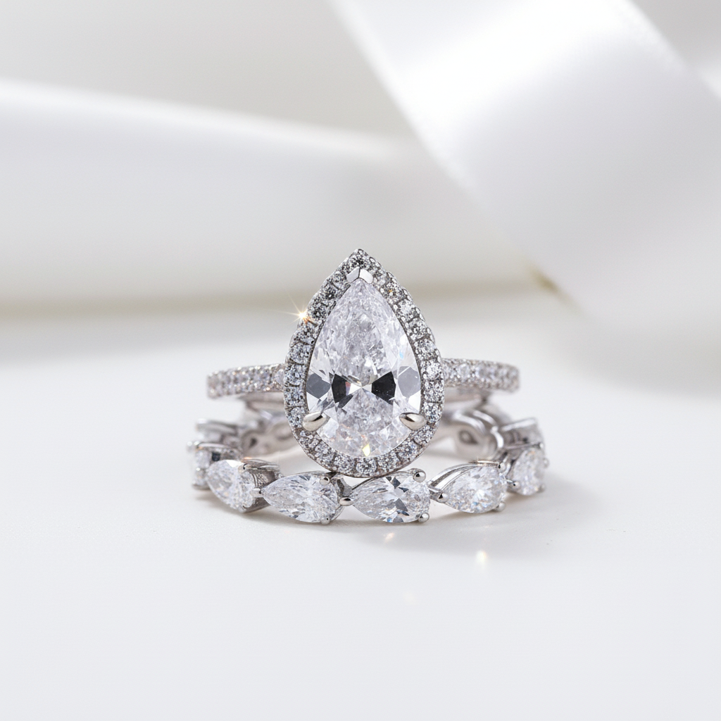 Bridal Set Halo Pear Cut Engagement Ring-Black Diamonds New York
