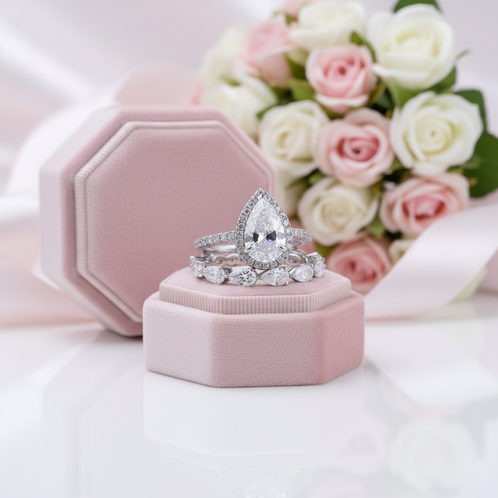 Bridal Set Halo Pear Cut Engagement Ring-Black Diamonds New York