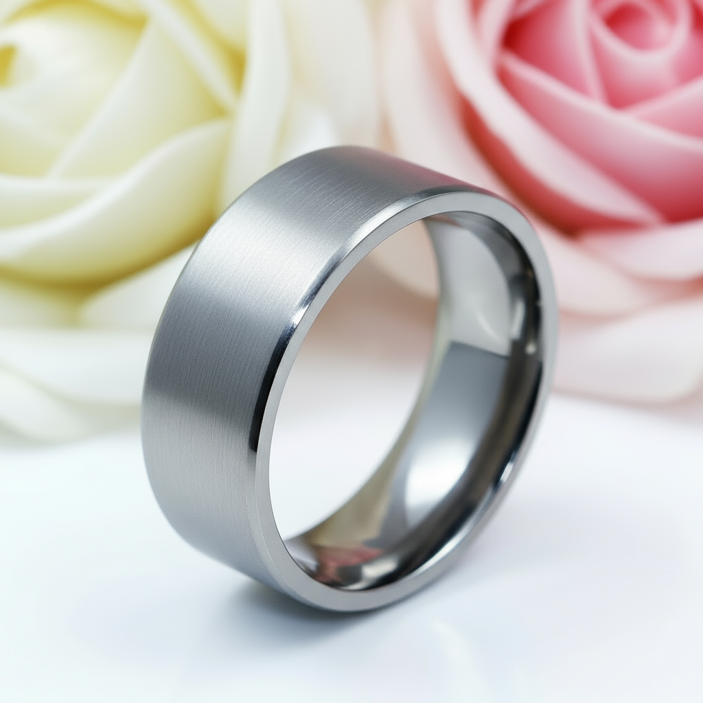 Brushed Flat Pure Titanium Men's Wedding Ring-Black Diamonds New York