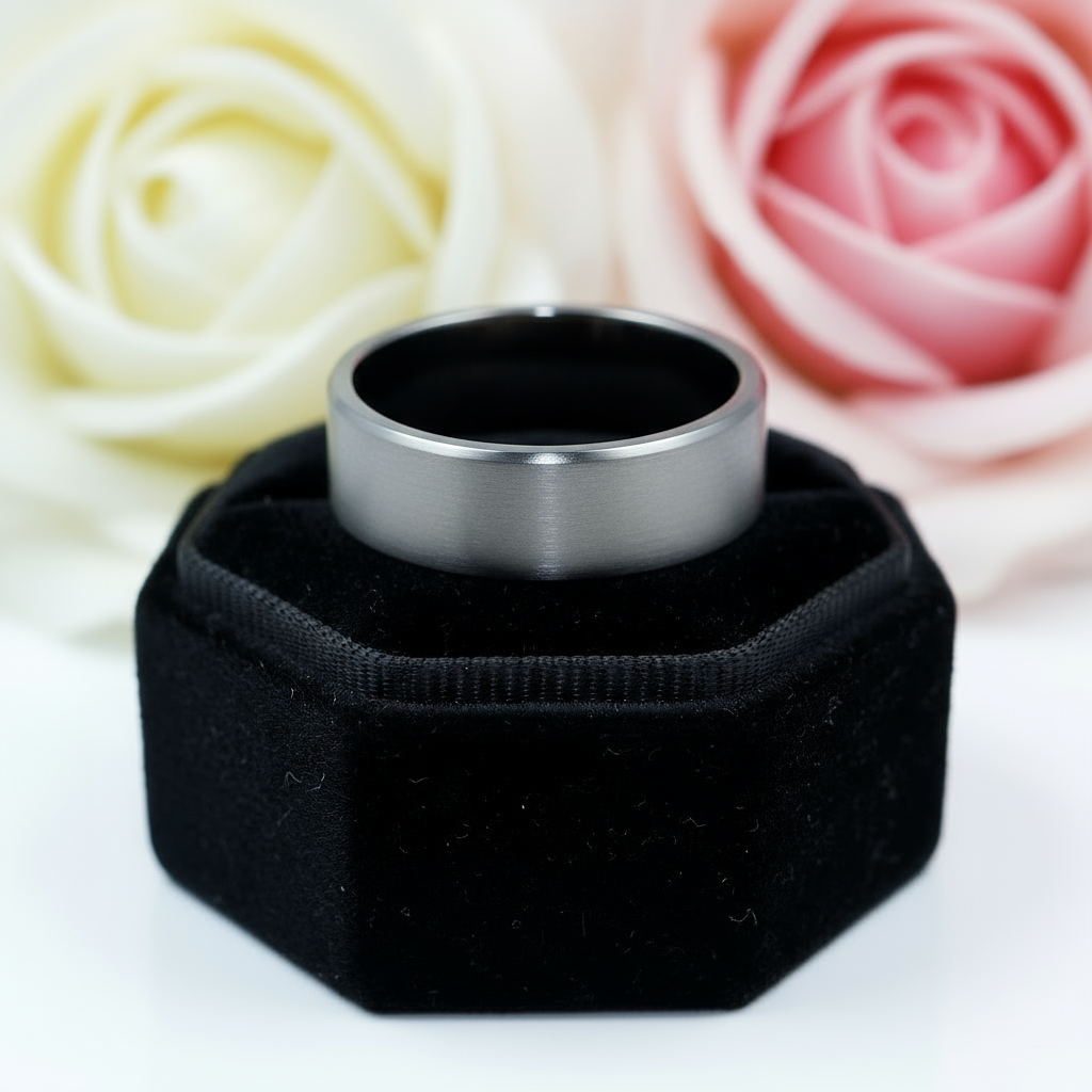 Brushed Flat Pure Titanium Men's Wedding Ring-Black Diamonds New York