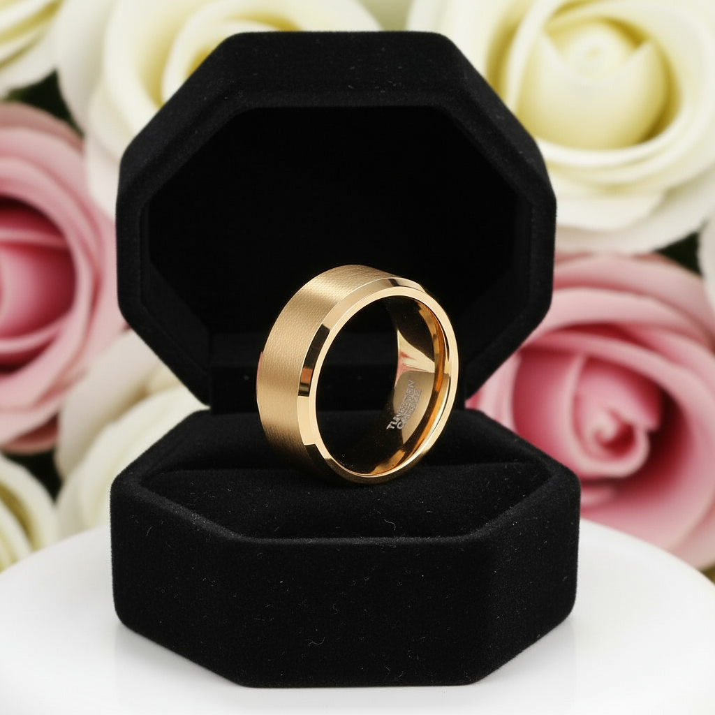 Brushed Gold Plated Tungsten Men's Wedding Band-Black Diamonds New York