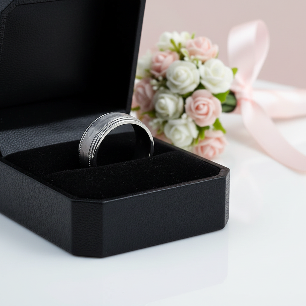 Brushed Hammer Pure Titanium Wedding Band with Germanium Stone Inlay-Black Diamonds New York