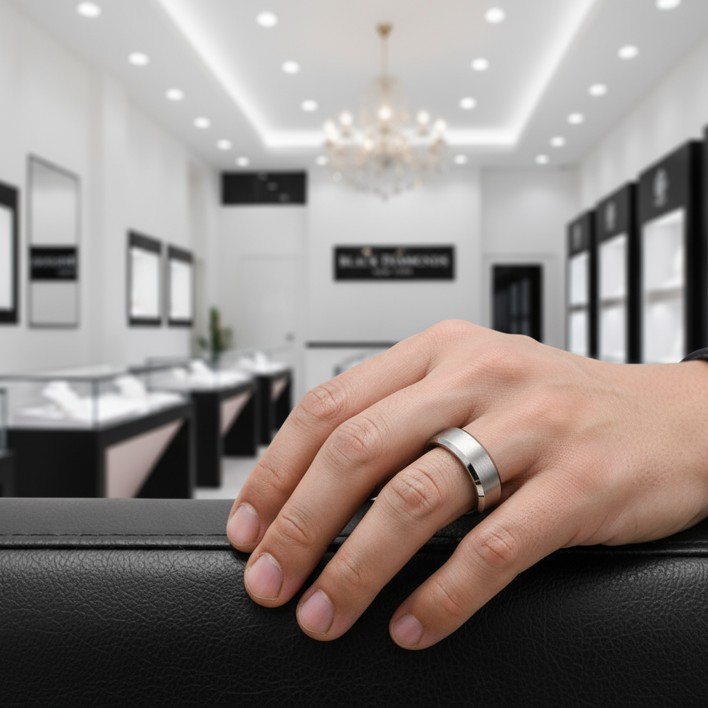 Brushed Men's Tungsten Wedding Band-Black Diamonds New York