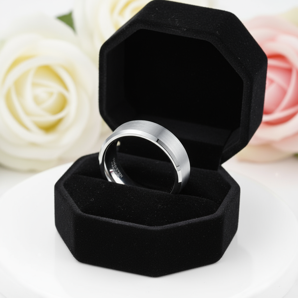 Brushed Men's Tungsten Wedding Band-Black Diamonds New York