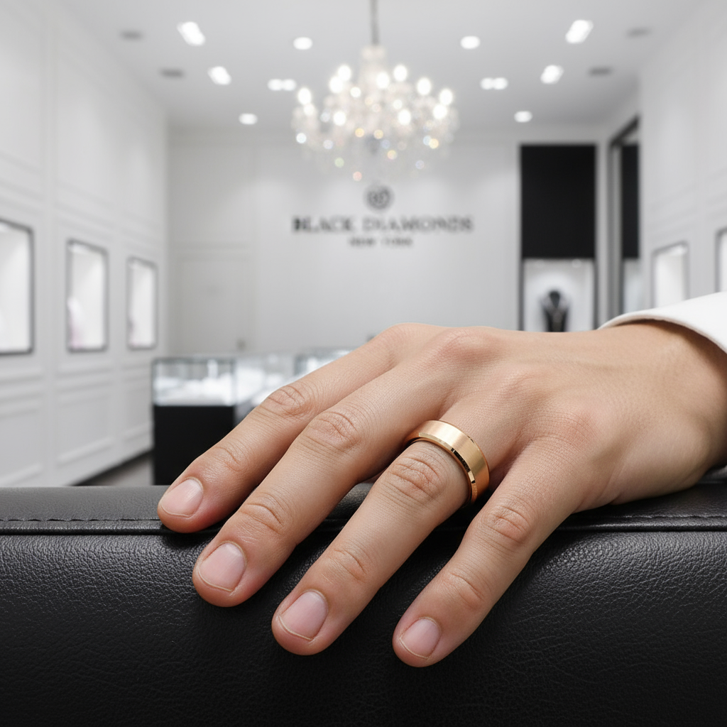 Brushed Rose Gold Tungsten Wedding Band-Black Diamonds New York