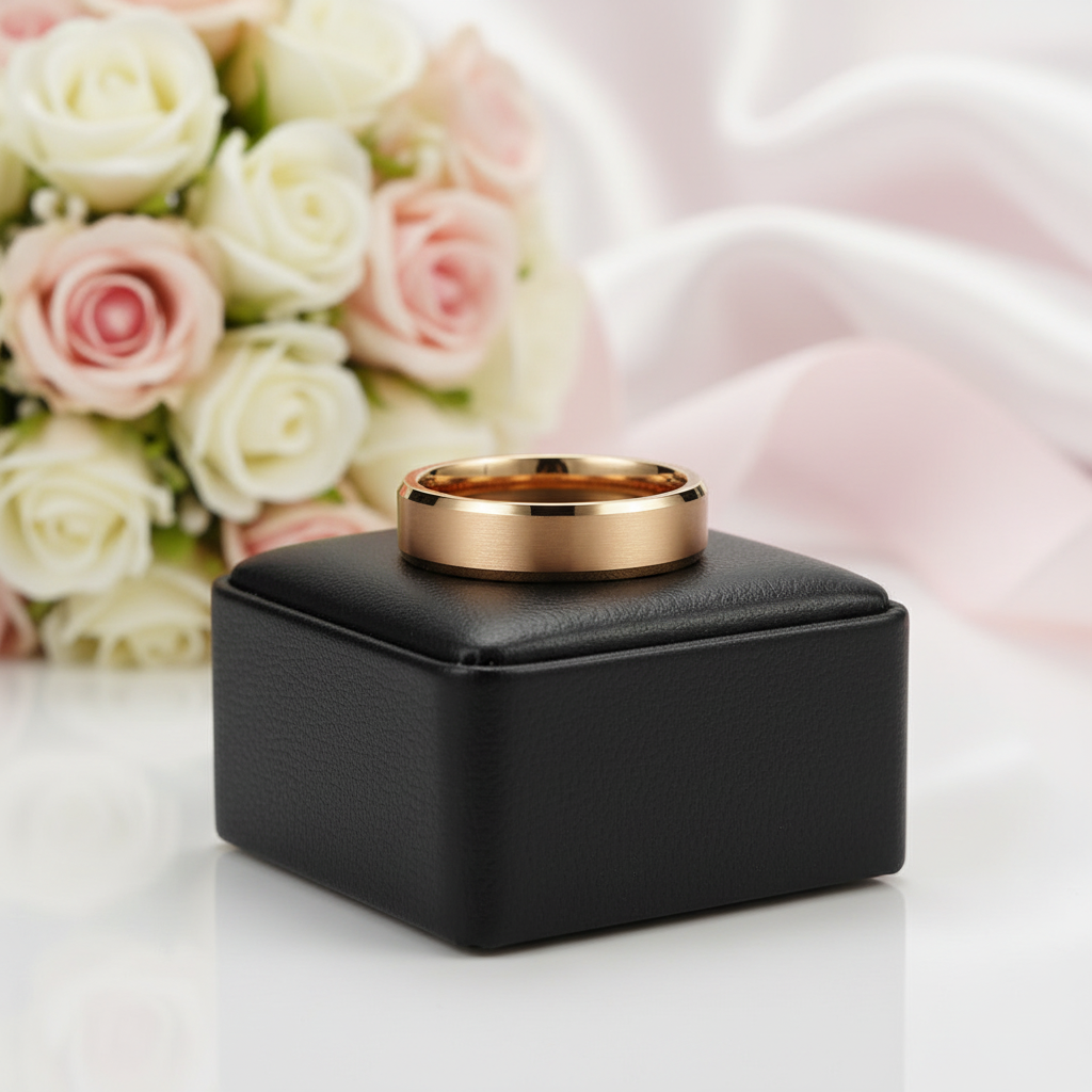 Brushed Rose Gold Tungsten Wedding Band-Black Diamonds New York