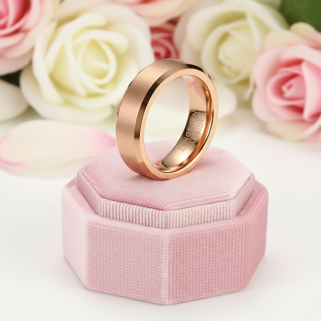 Brushed Rose Gold Tungsten Wedding Band-Black Diamonds New York