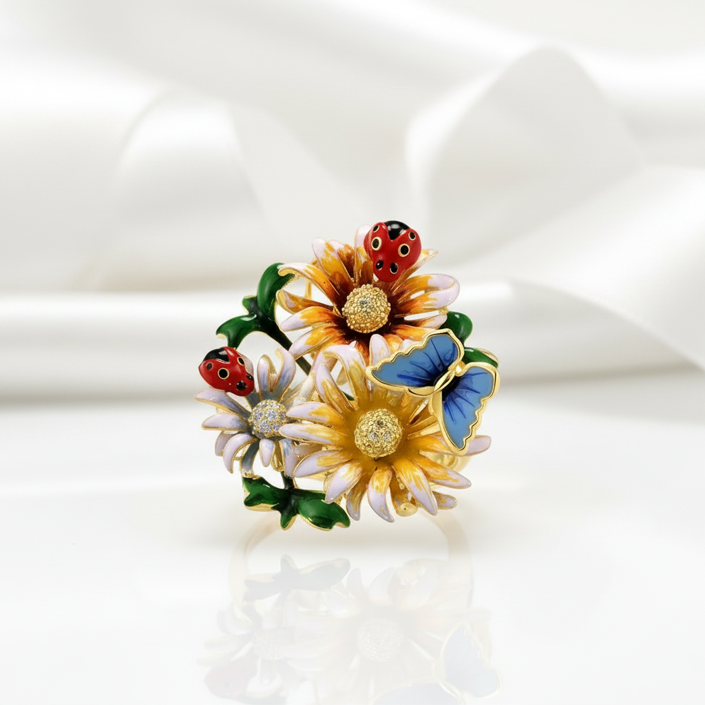 Butterfly, Ladybug, and Flower with Diamond Option Ring-Black Diamonds New York