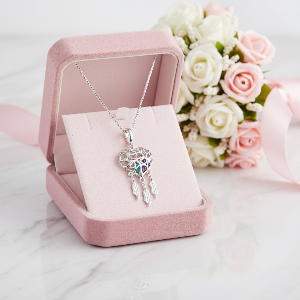 Butterfly Vine & Tree of Life Heart Shaped Dream Catcher Necklace-Black Diamonds New York