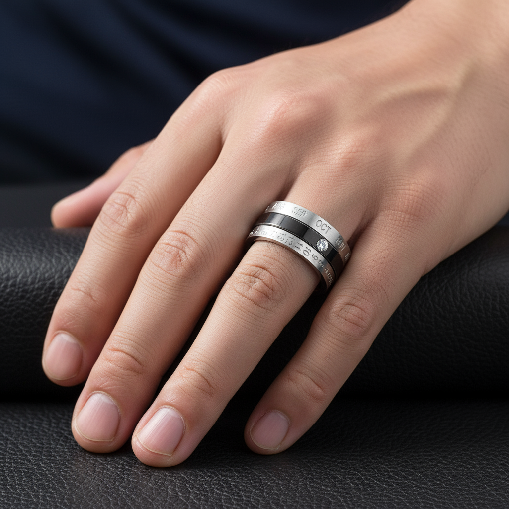 Calendar Date Stainless Steel Spin Men's Ring-Black Diamonds New York