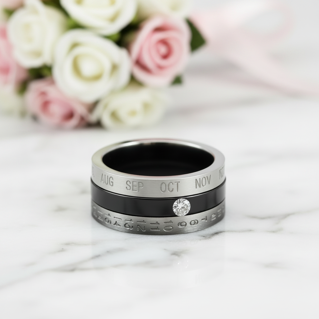 Calendar Date Stainless Steel Spin Men's Ring-Black Diamonds New York