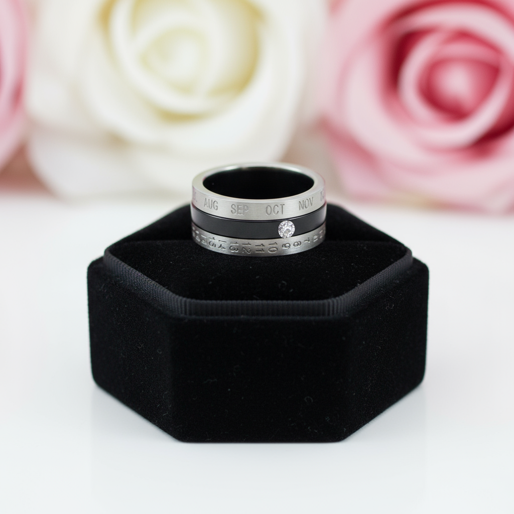 Calendar Date Stainless Steel Spin Men's Ring-Black Diamonds New York