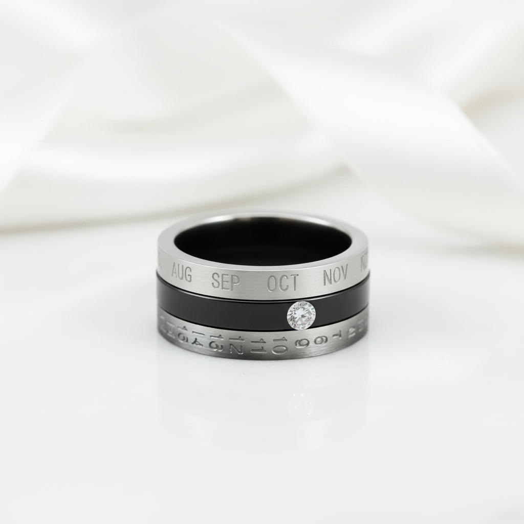 Calendar Date Stainless Steel Spin Men's Ring-Black Diamonds New York
