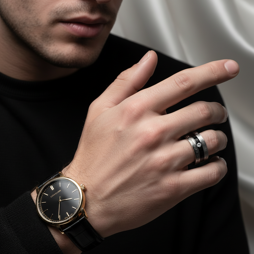 Calendar Date Stainless Steel Spin Men's Ring-Black Diamonds New York