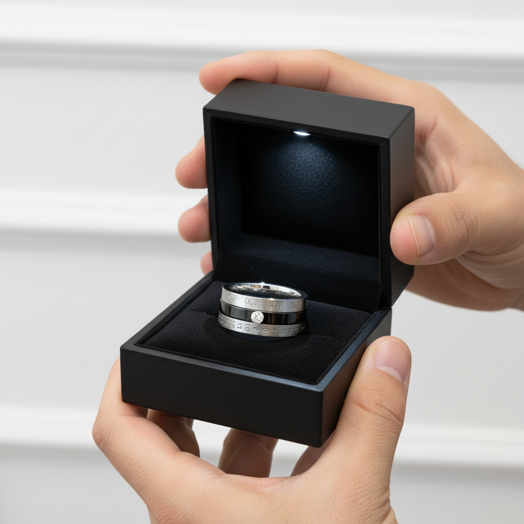 Calendar Date Stainless Steel Spin Men's Ring-Black Diamonds New York
