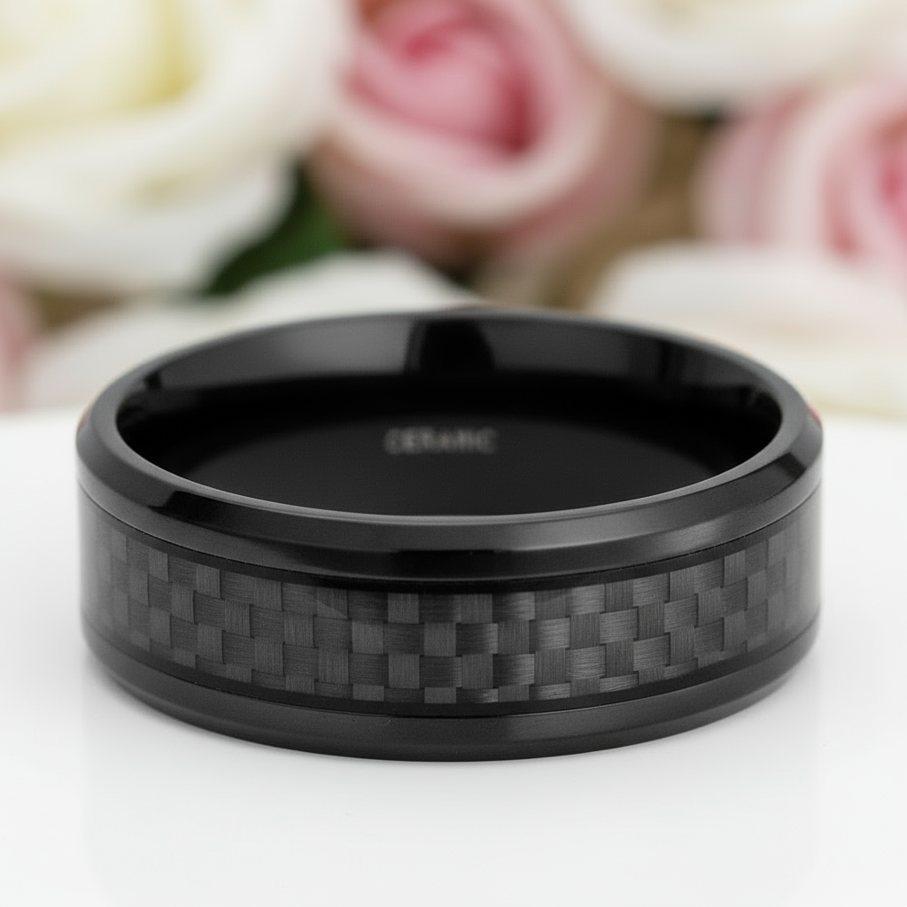 Carbon Fiber Men's Ceramic Wedding Band-Black Diamonds New York