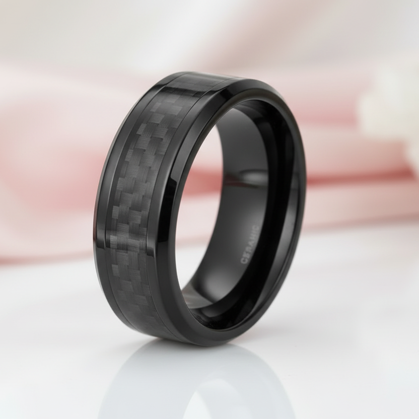 Carbon Fiber Men's Ceramic Wedding Band-Black Diamonds New York