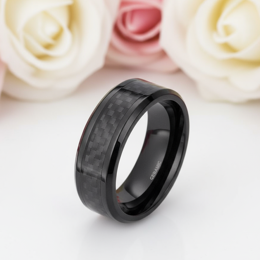 Carbon Fiber Men's Ceramic Wedding Band-Black Diamonds New York